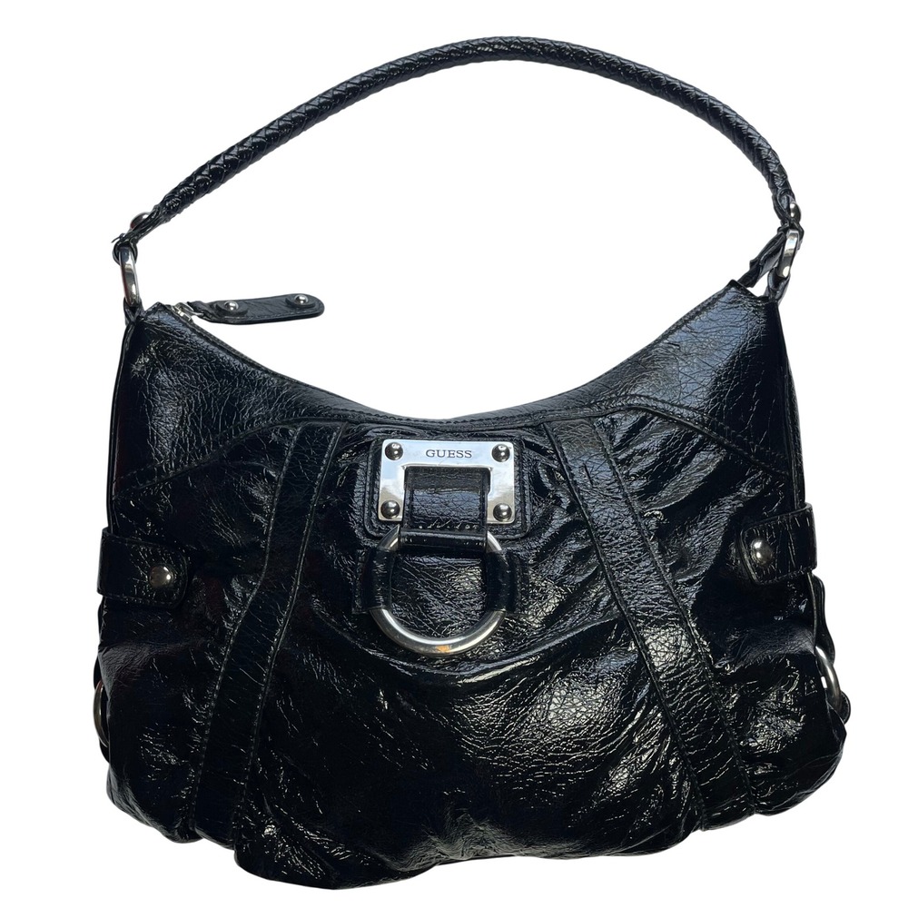 Guess Medium Hobo Bag Glossy Black Patent Faux Leather Braided Strap Y2K Womens